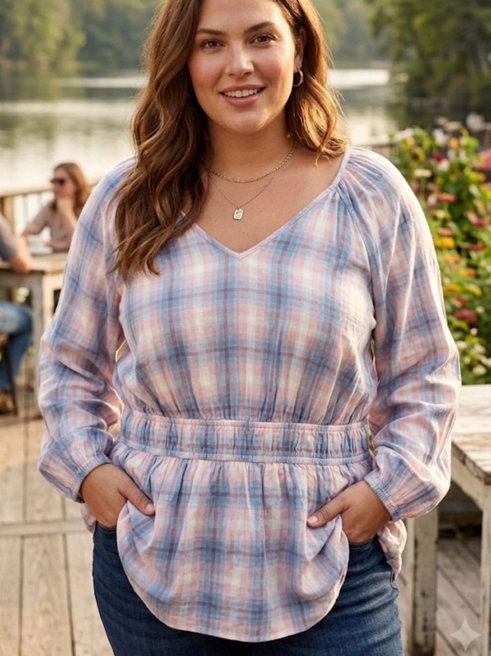 Lane Bryant Plaid Peplum Blouse Pastel Pink Blue Long Sleeve Babydoll Top 24 NWT